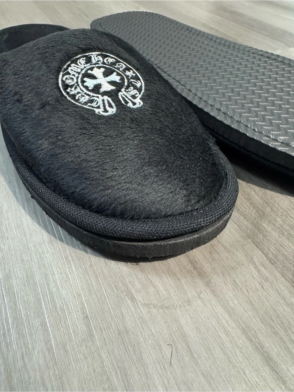 Chrome Hearts Black Plush Slip-On Loafers with White Embroidered Crest